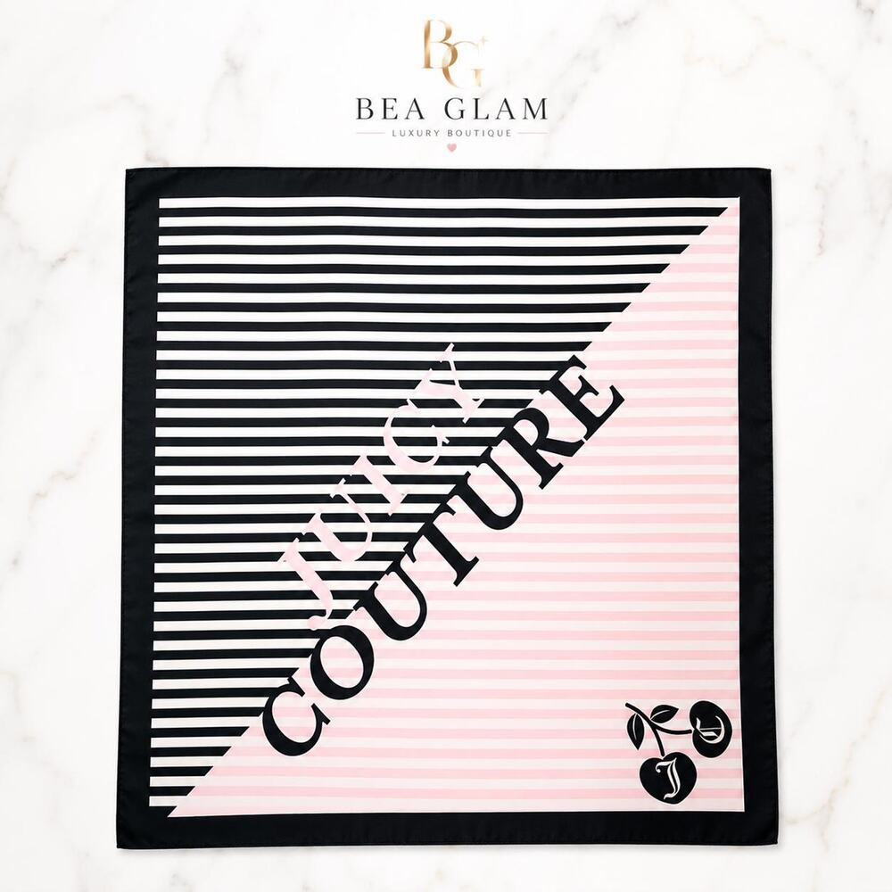 Juicy Couture Large Square Scarf: Pink Black Stripe Cherry Print Fashion Wrap